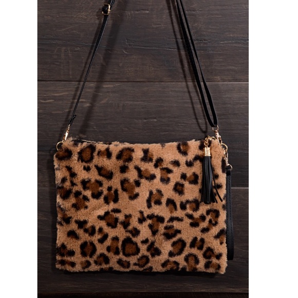 Fur Leopard Crossbody Tan Brown Satchel Purse NWT - Picture 2 of 2